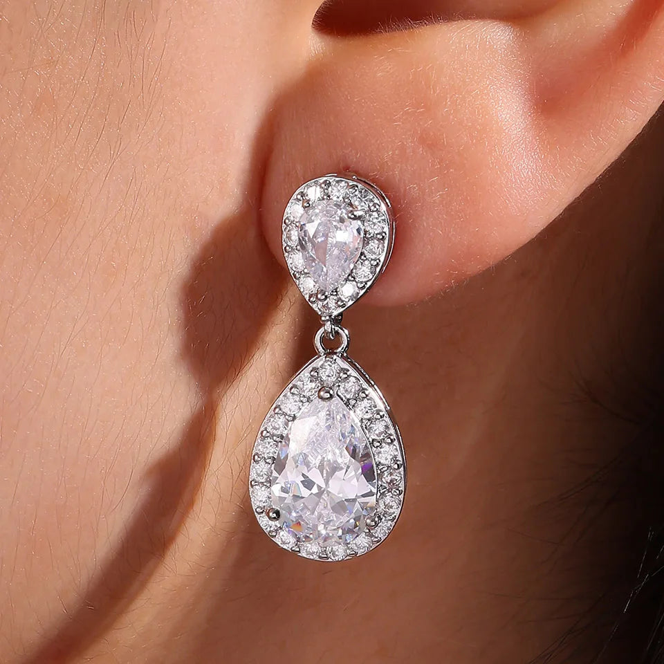 ZAKOL 9 Types Classic Sparkling Water Drop Zircon Pendant Dangle Earrings for Women Gorgeous Bride Bridesmaid Earring Jewelry