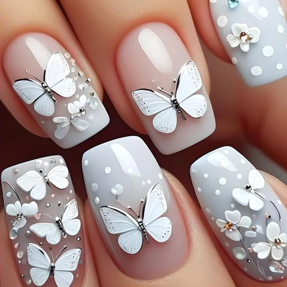 24Pcs Ladder-shaped Ballet False Nails with Glue Stripe Floral Nail Art Ombre French Press on Acrylic Nail Tips for Spice Girls