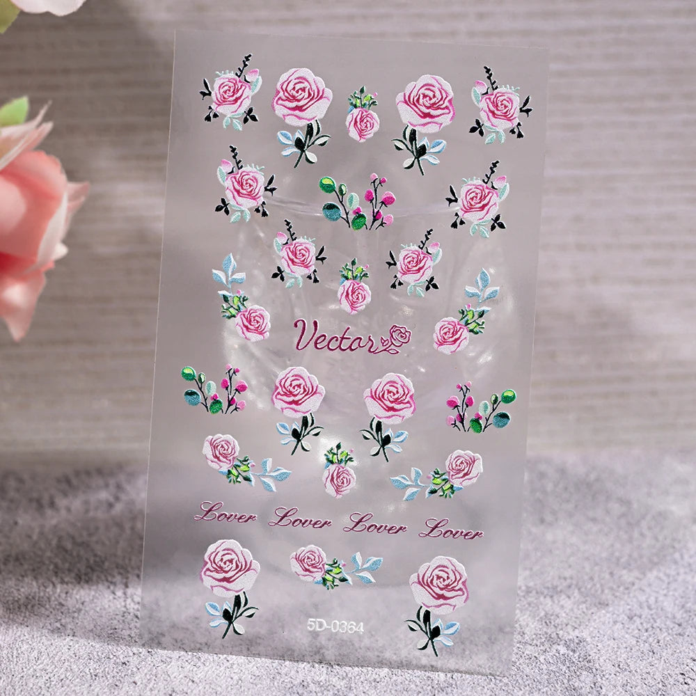 1Pc 5D Embossed Lavender Flower Nail Sticker Spring Floral Leaves Self-Adhesive Sliders Rose Heart Decals Manicure Decoration