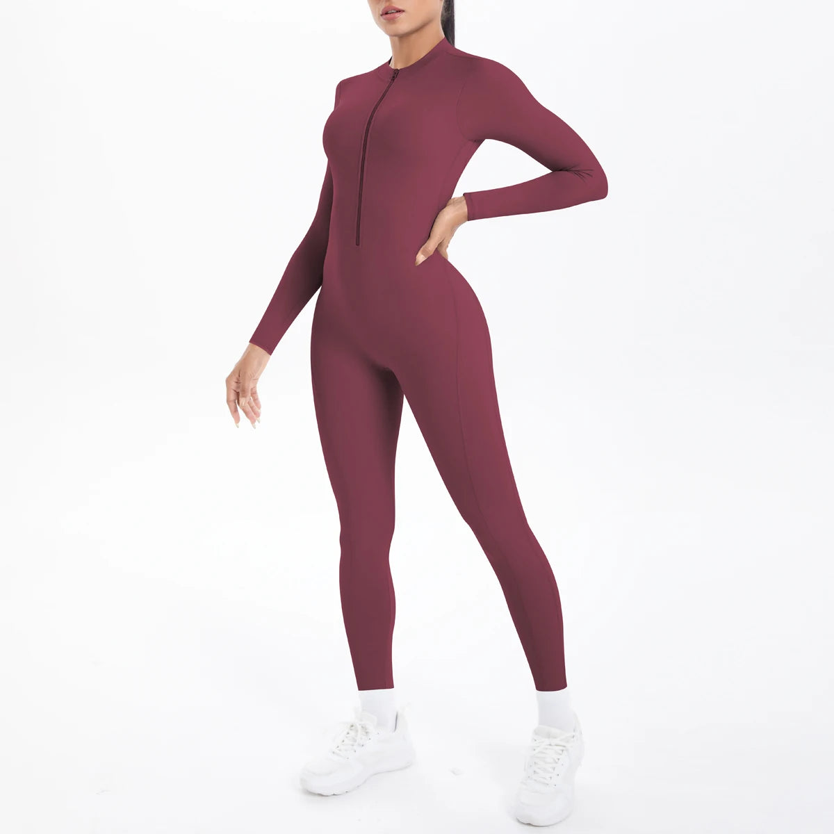 Solid Color Backless Yoga Bodysuits Women's Sportswear Stretch Bodysuit For Women Long Sleeves Jumpsuits Push Up Half Zipper Set