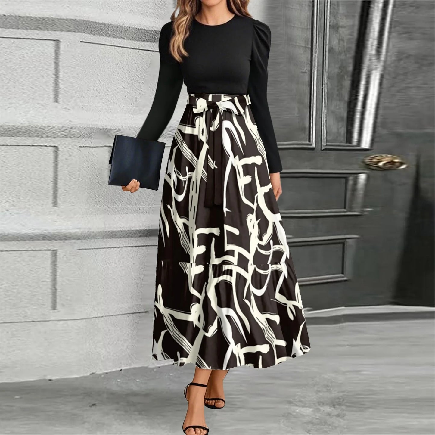 Printed High-Waist Long Sleeve Maxi Dress – O-Neck 2026