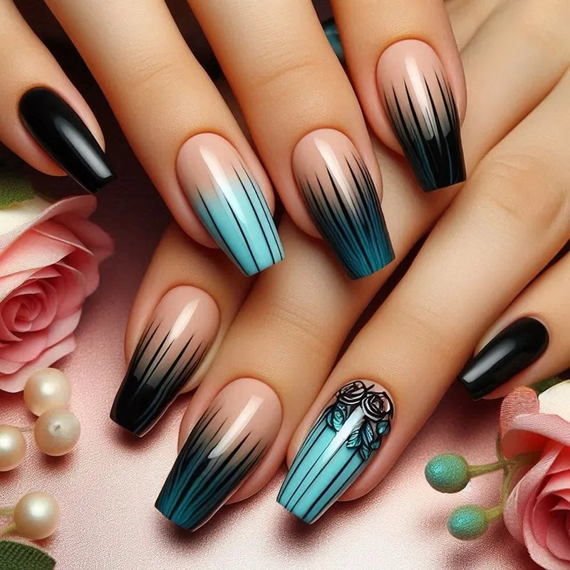 24Pcs Solid Black Short False Nails with Rose Pattern Design Ballerina Square Artificial Full Cover Press on Nail Tips for Girls