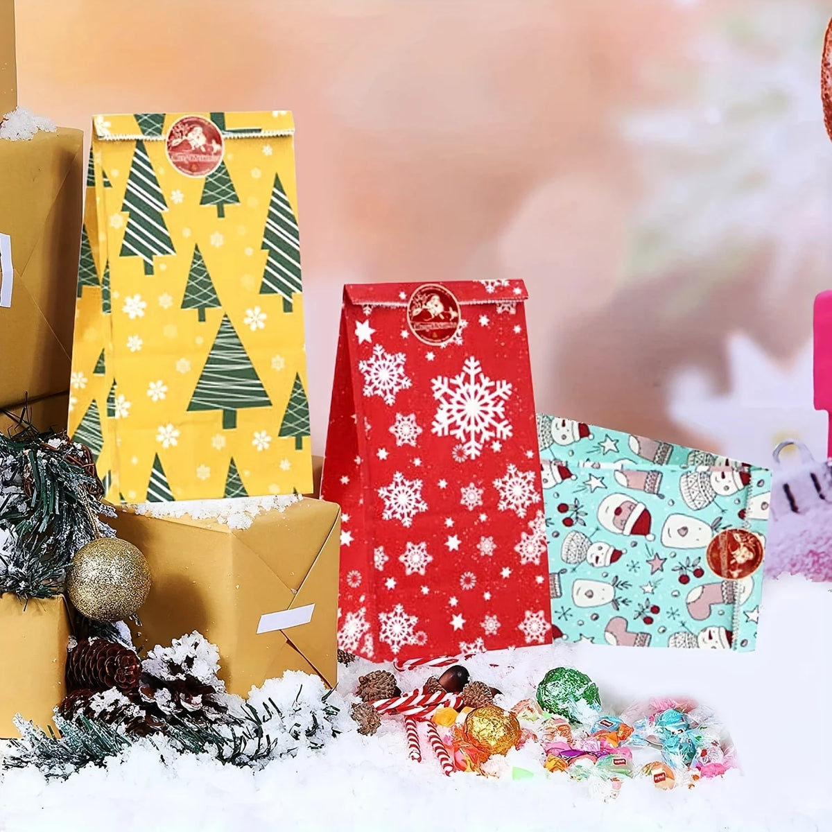 Christmas Gift Bags with Stickers, Xmas Holiday Goodie Treat Bags, Snowflake Reindeer Pattern Paper Gift Pouches for Christmas
