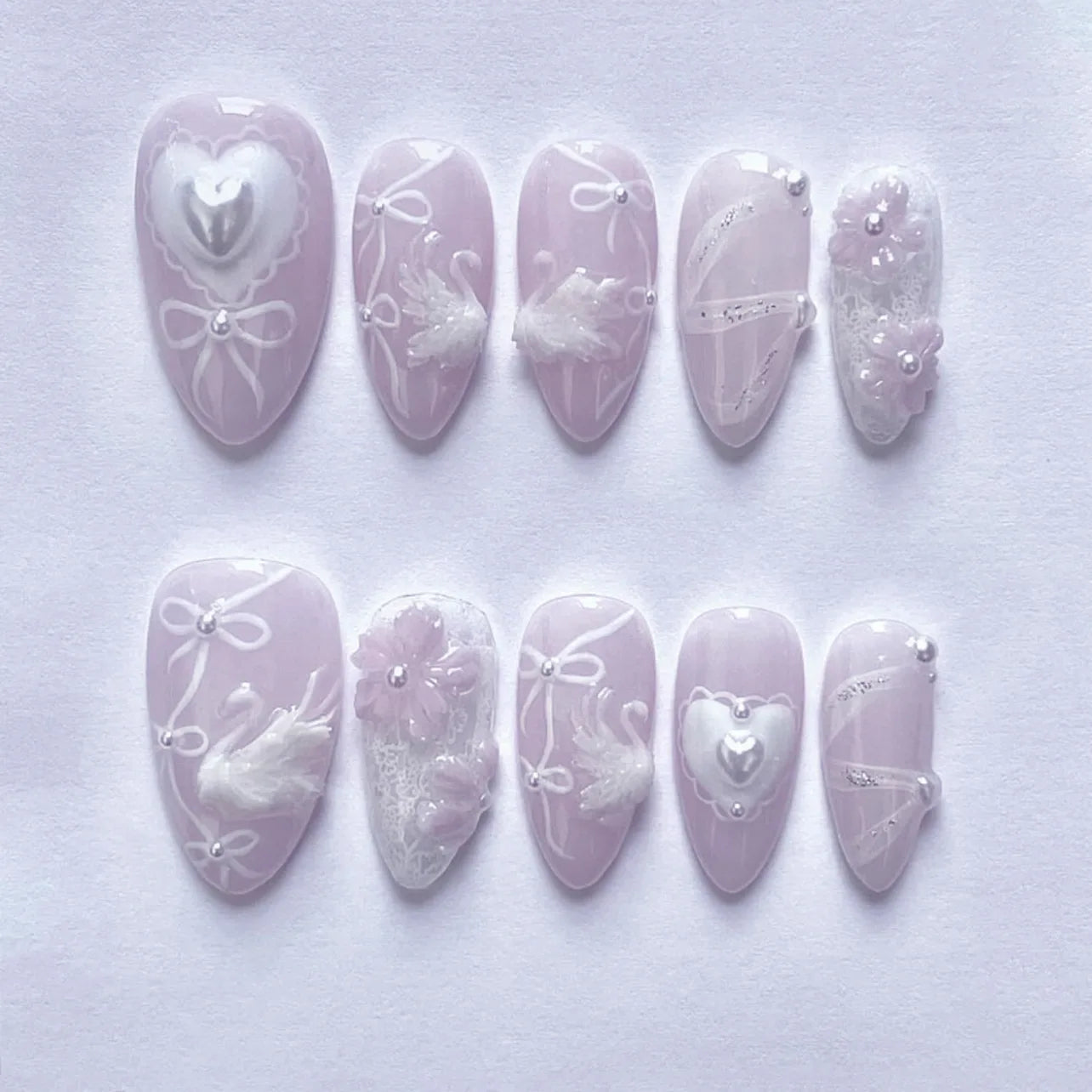Sweet Pink Almond Press-On Nails with Bow & Heart – 24PCS