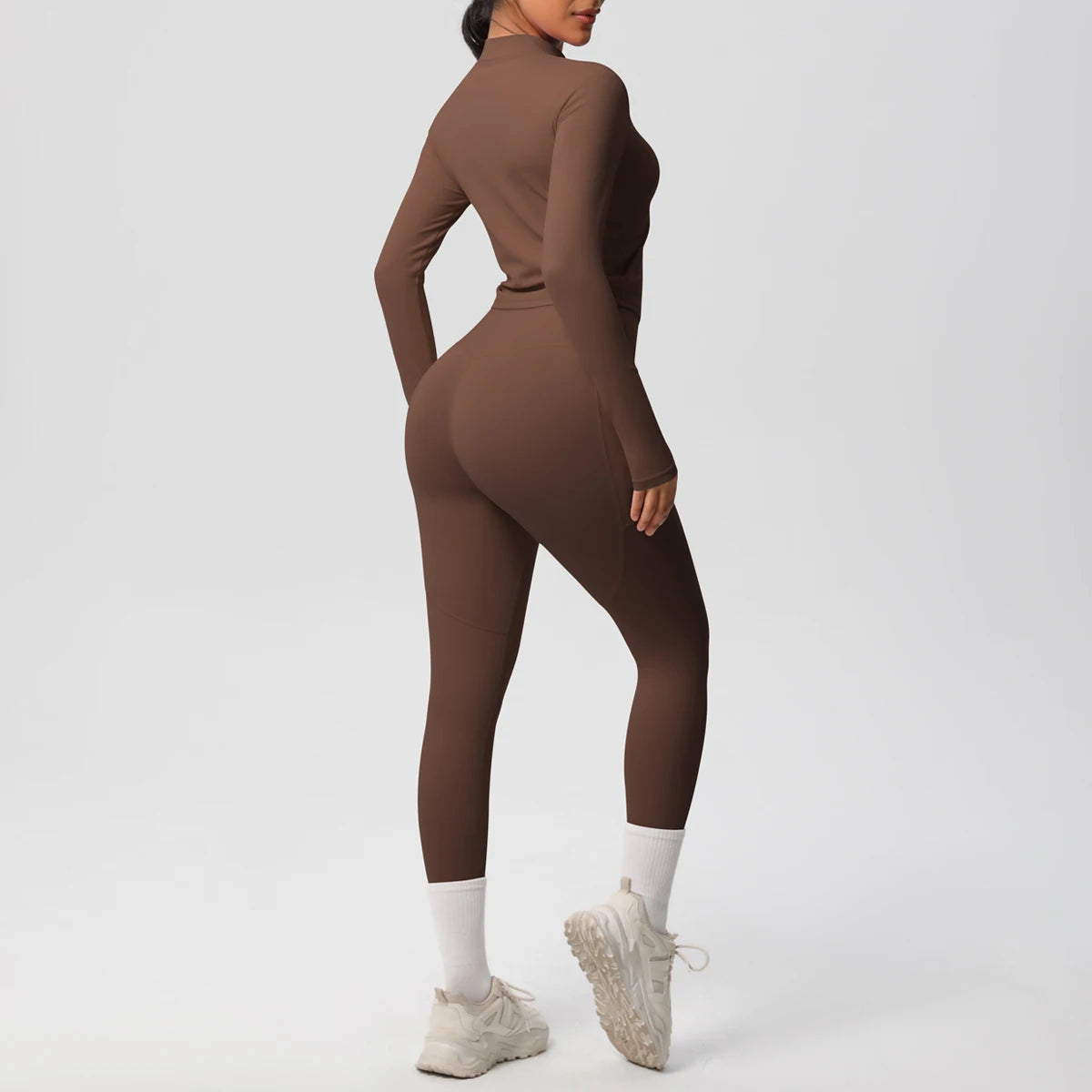 2PCS Yoga Suit Women Gym Set Leggings With Pocketed Women Tracksuit Running Zipper Workout Sportswear Long Sleeve Sports Shirt