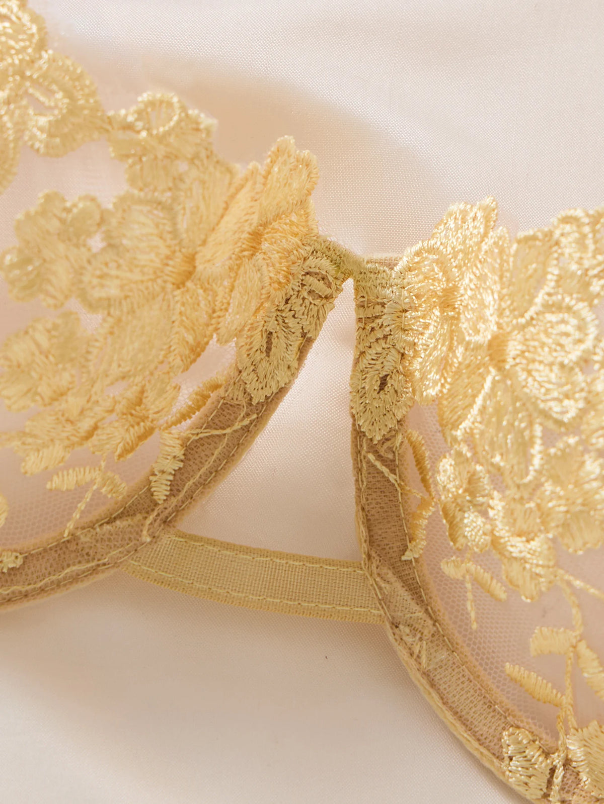 Women 2 Piece Lingerie Set Gold Floral Embroidery Sheer Mesh Balconette Bra and Panty Set Ribbon Tie Sides