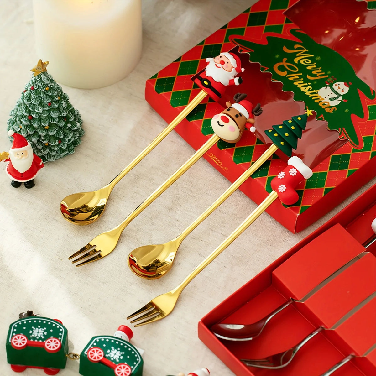 1Set Creative Christmas Fork And Spoon Set Stainless Steel Tableware Coffee Tea Dessert Forks And Spoons Gift Set