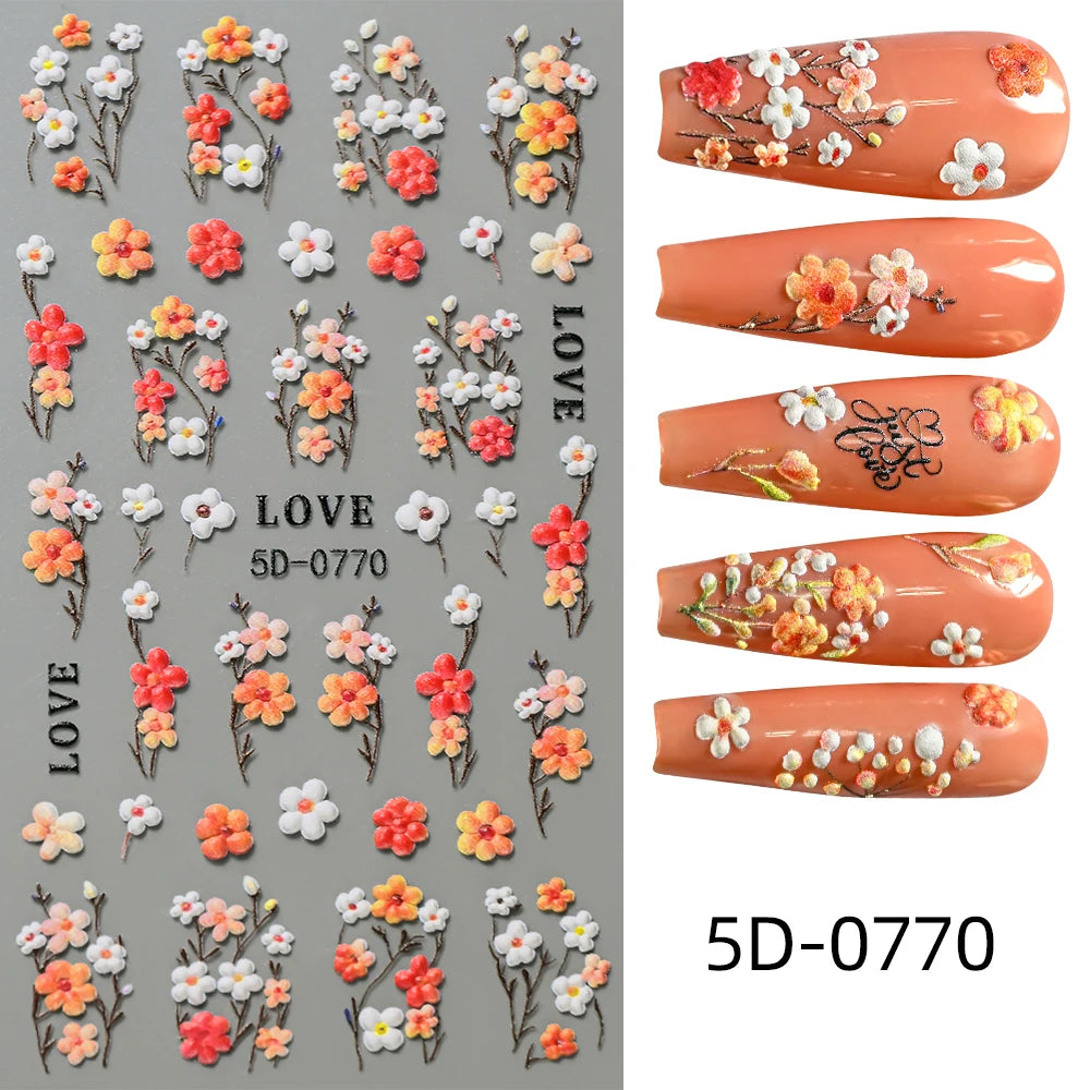 1Pc 5D Embossed Lavender Flower Nail Sticker Spring Floral Leaves Self-Adhesive Sliders Rose Heart Decals Manicure Decoration