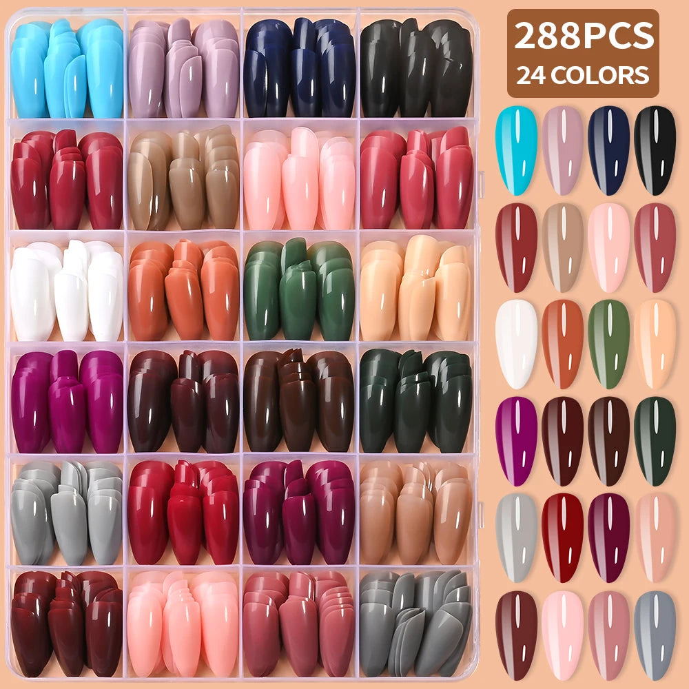 288Pcs Mixed Color Medium Almond False Nails Acrylic Full Cover Fake Nails for Women Wearable Press on Nails DIY Nail Extension