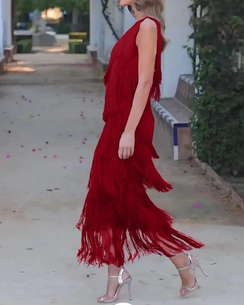 BKLD Solid Color 2026 Spring Summer New Fashion Tassel One Shoulder Sleeveless Asymmetric Dress Clothes For Women Evening Dress