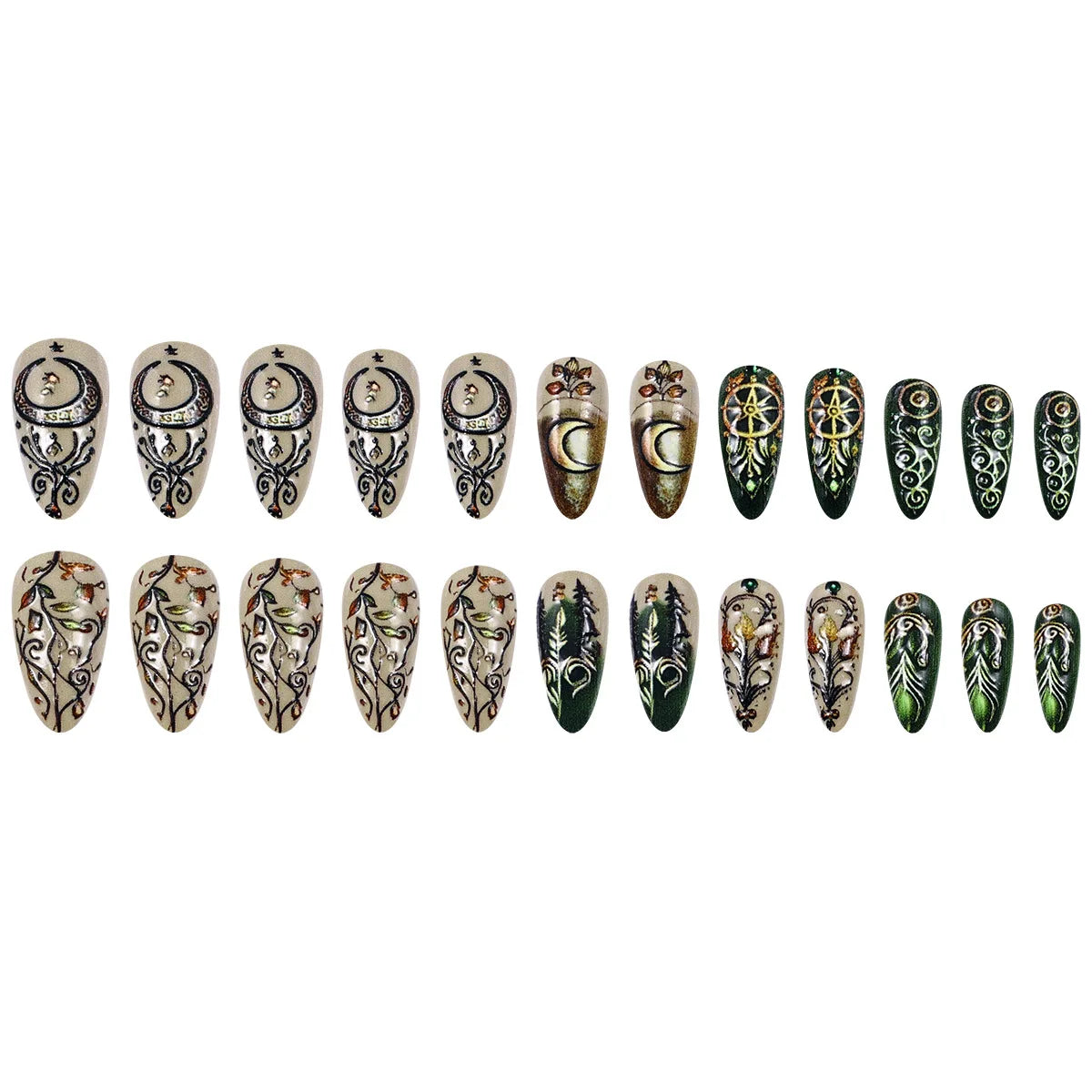 24pcs/set medium long fake nails square ballet nail tips glitters starry sky moon star feather design press on false nail art