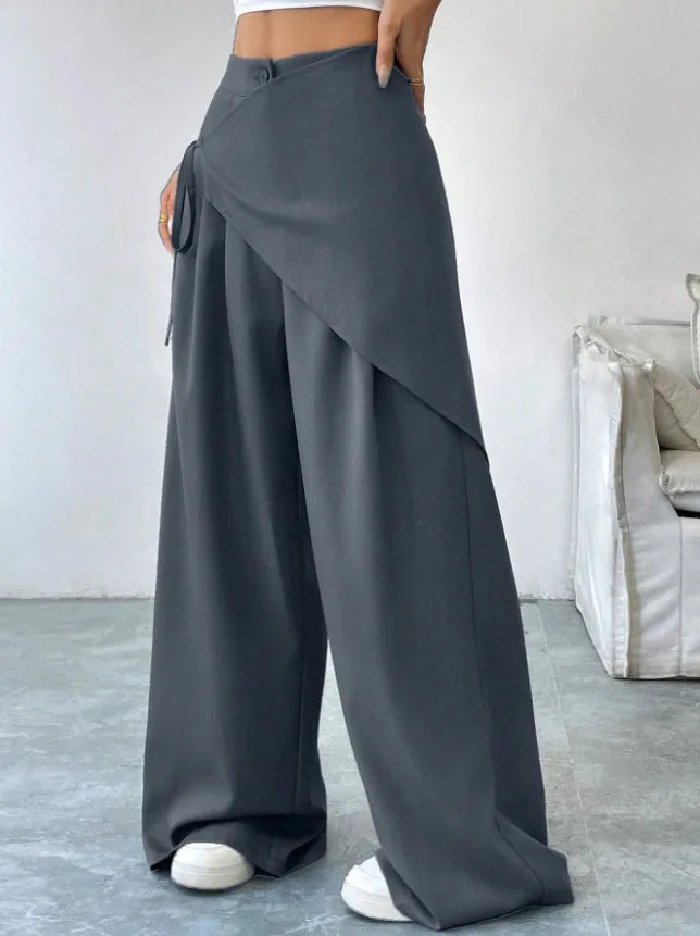 Elegant Irregular Suit Pants for Women High Waist Loose Wide Leg Pants Asymmetrical Lace Up Trousers Elastic Waist Casual Pants