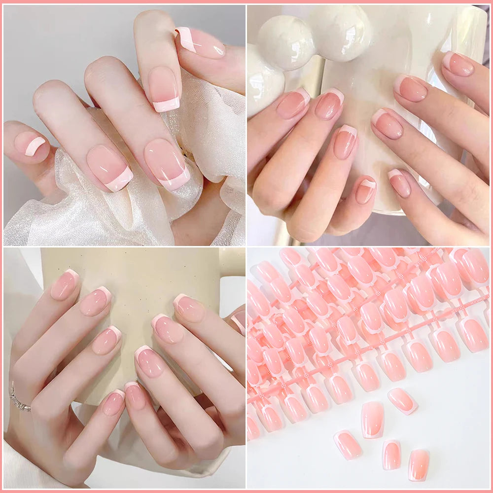 120Pcs Glossy Medium Coffin Press On Nails Pink Gradient French Fake Nails Acrylic Full Cover Ballerina False Nails For Women