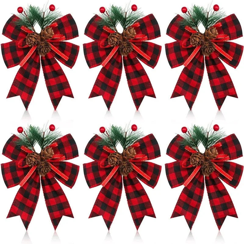 ChristmasBows Buffalo Plaid Checkered Ribbon Bow with Pine Cone Christmas Tree Decoration for Xmas Parties Trees Indoor Crafts