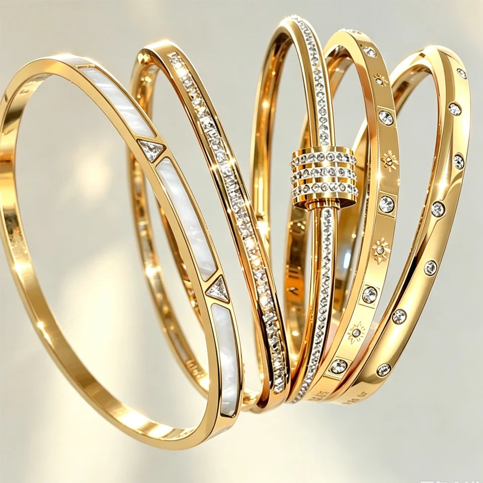 ZAKOL 5pcs Gold Color Stainless Steel Stack Bracelets Shiny Zircon Waterproof Stackable Bracelet Fashion Jewelry for Women