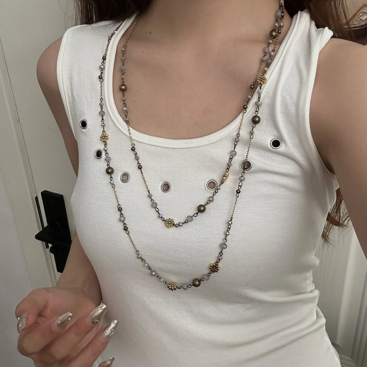 ZAKOL Vintage Flower Glass Beaded Double Layered Stacking Chains Necklaces for Women Temperament Sweater Fashion Jewelry