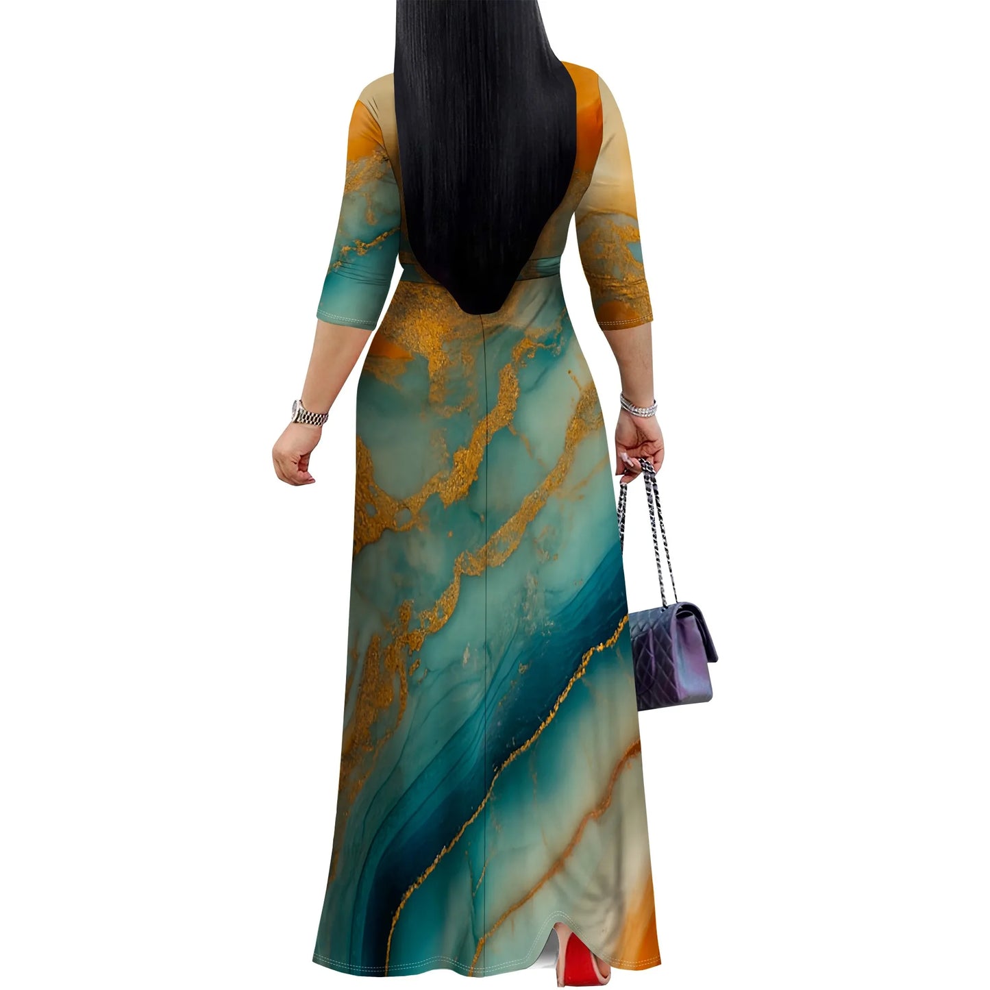Marble Print Wrap Maxi Dress (S-3XL) – Elegant V-Neck Summer Dress for Wedding & Vacation | فستان ماكسي لف بنقشة الرخام (من S إلى 3XL) – تصميم أنيق برقبة V لصيف أنثوي للمناسبات والعطلات