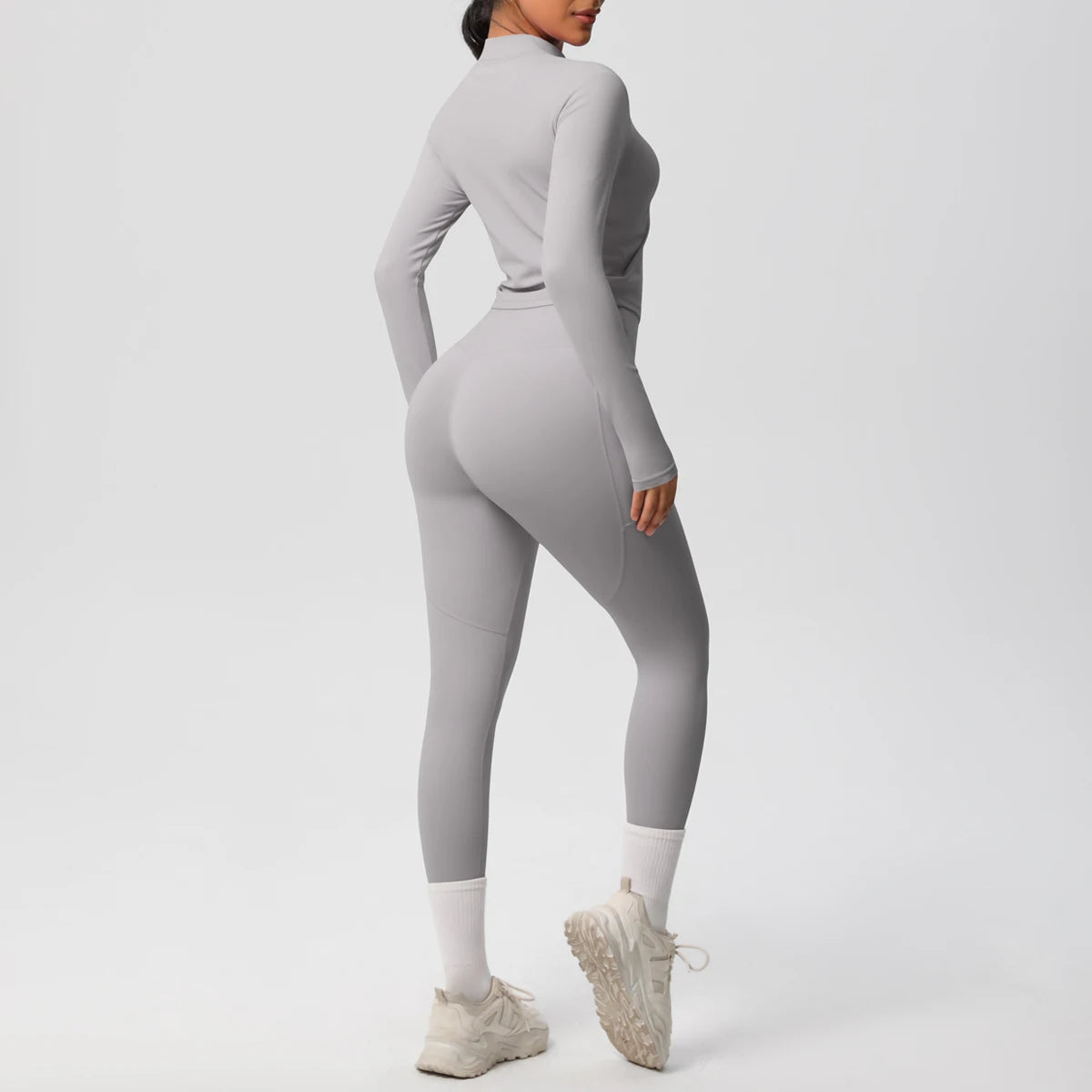 2PCS Yoga Suit Women Gym Set Leggings With Pocketed Women Tracksuit Running Zipper Workout Sportswear Long Sleeve Sports Shirt