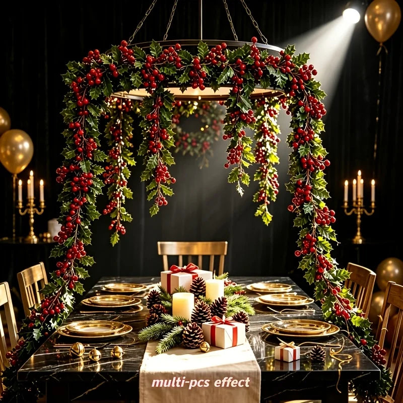 4Pcs 100cm Artificial Holly Berry Garland, Bendable Green Holly Leaf Red Berry Vine, Christmas Mantel Arch Stair Hanging Rattan
