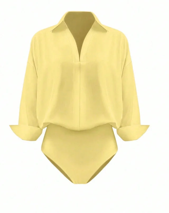 Women Shirt Bodysuit Oversized Boyfriend Half Sleeve Blouse Deep V Collar Bodysuit Shirts Elegant Office Lady Jumpsuit Top