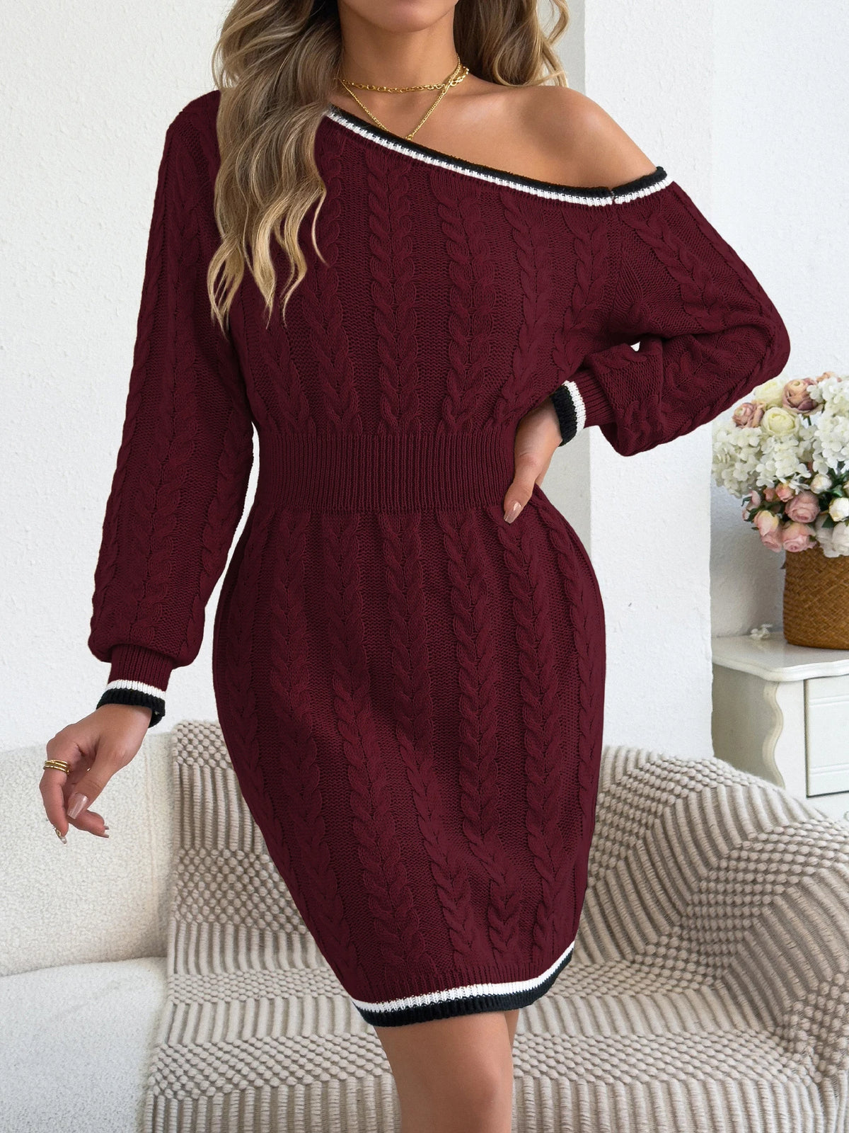 Elegant Women Sweater Dresses for Autumn Winter Casual Off Shoulder Long Sleeve Stripe Waist Cinching Twist Knit Bodycon Dress