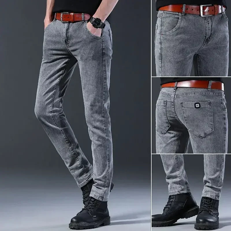 New Men Fashion Casual Business Denim Pants Male Slim Fit Straight Leg Trousers Stretch Solid Pants Size 27-38
