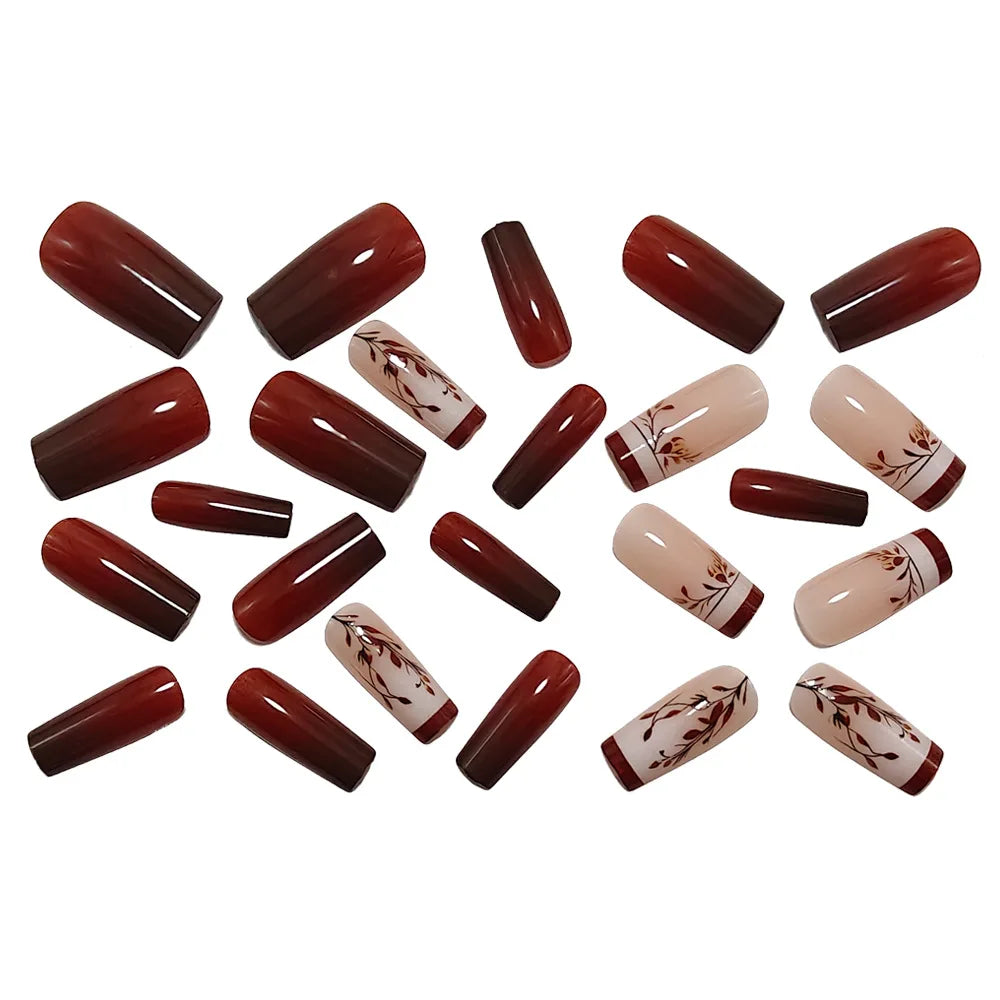 Medium long fake nails for women gilrs gradient brown coffee flora leaf design reusable full over press on Artificial Nails set