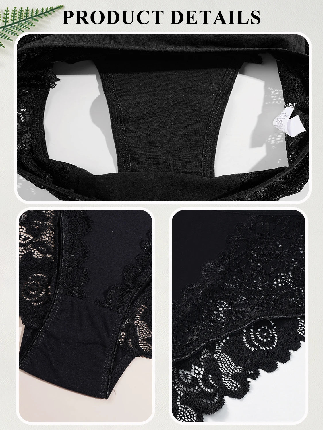 5PCS Women's Underwear Elegant Lace Floral Embroidery Sexy Panties Solid Color Mid Waist Briefs Breathable Female Lingerie