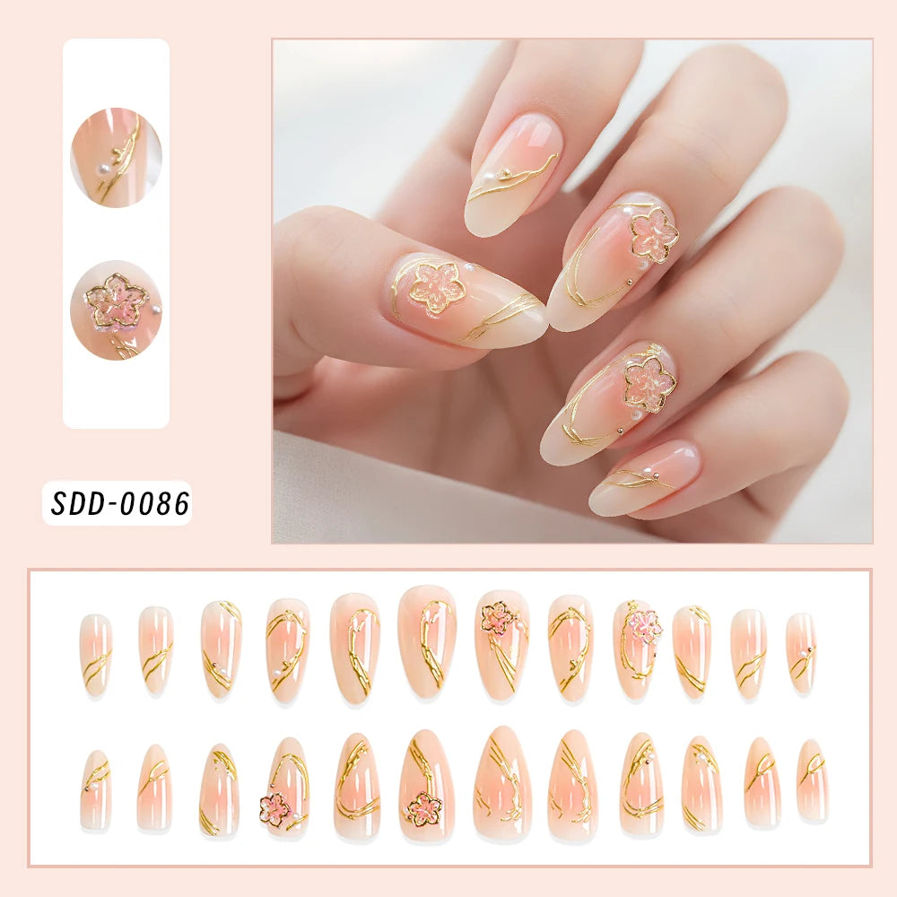 24Pcs Long Coffin French False Nails with Flower Butterfly Design Acrylic Full Cover Fake Nails Tips for Women Press On Nails