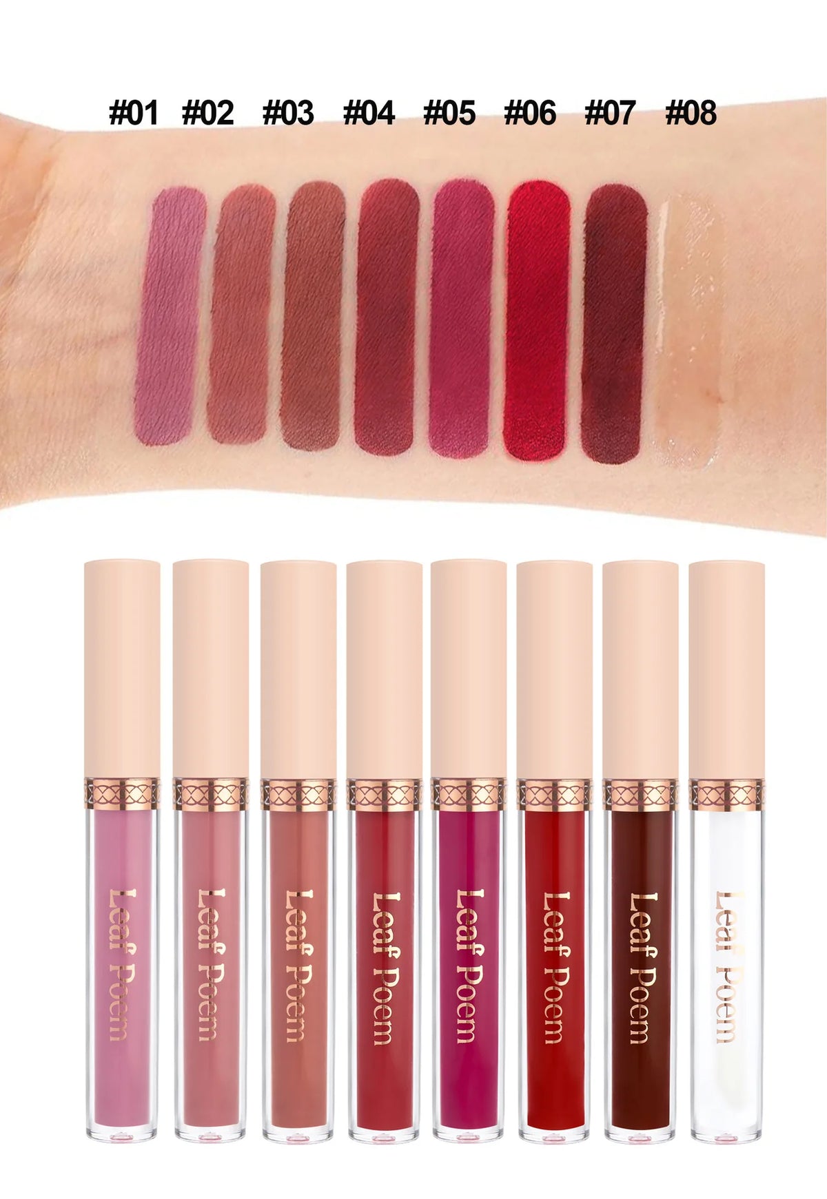 8-Piece Set of Matte Liquid Lipsticks and Lip Glazes - Waterproof, Non-Stick, Long-Lasting Lip Color in Brown, Pink, Purple, and Red Shades, Suitable for Daily Use and Parties