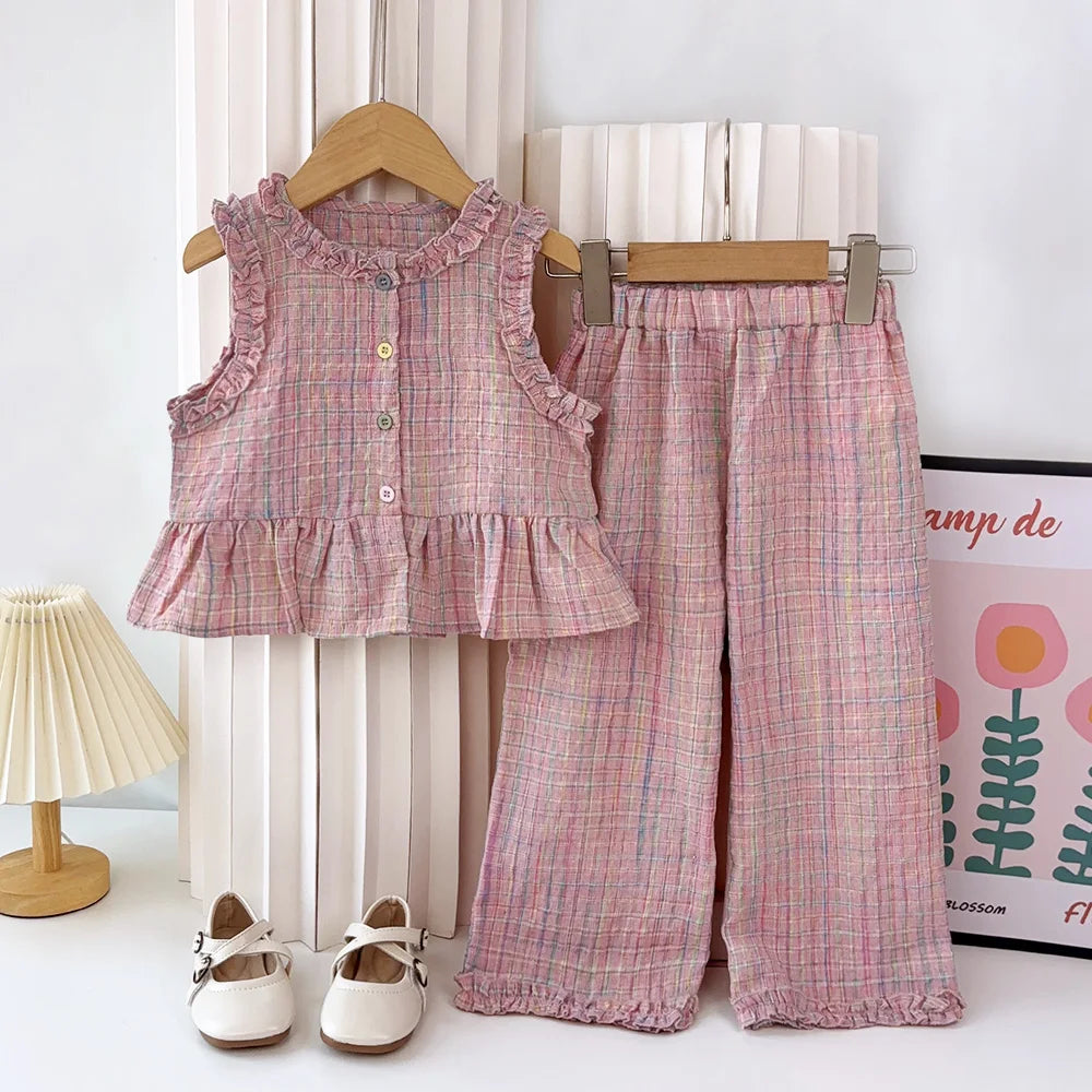 Pink Girl's Summer Two-piece Set with Single Breasted Sleeveless