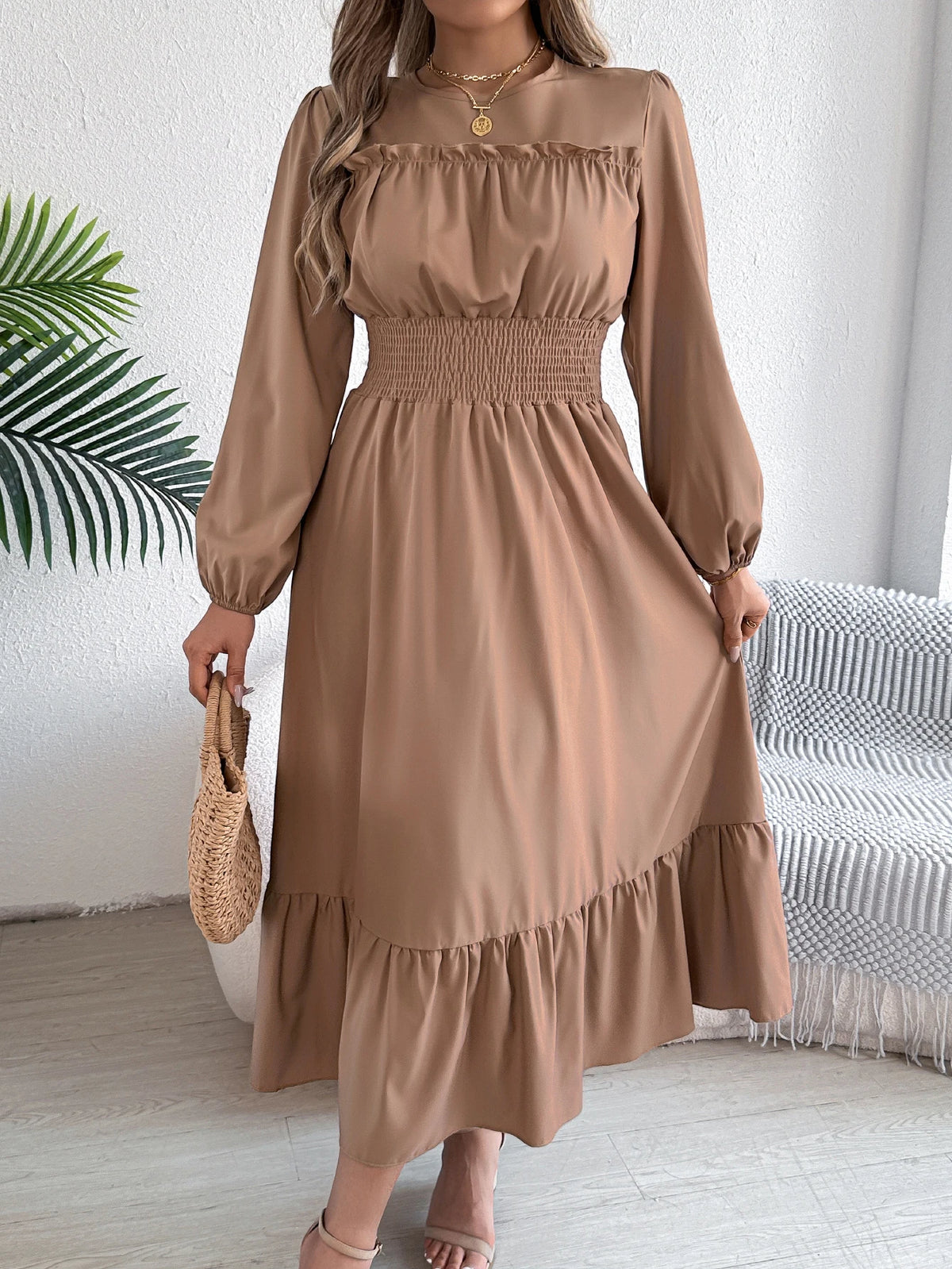 Autumn and Winter Casual Elegant Solid Color Round Neck Long Sleeved Waist Cinched Lotus Leaf Edge Dress Women Clothing