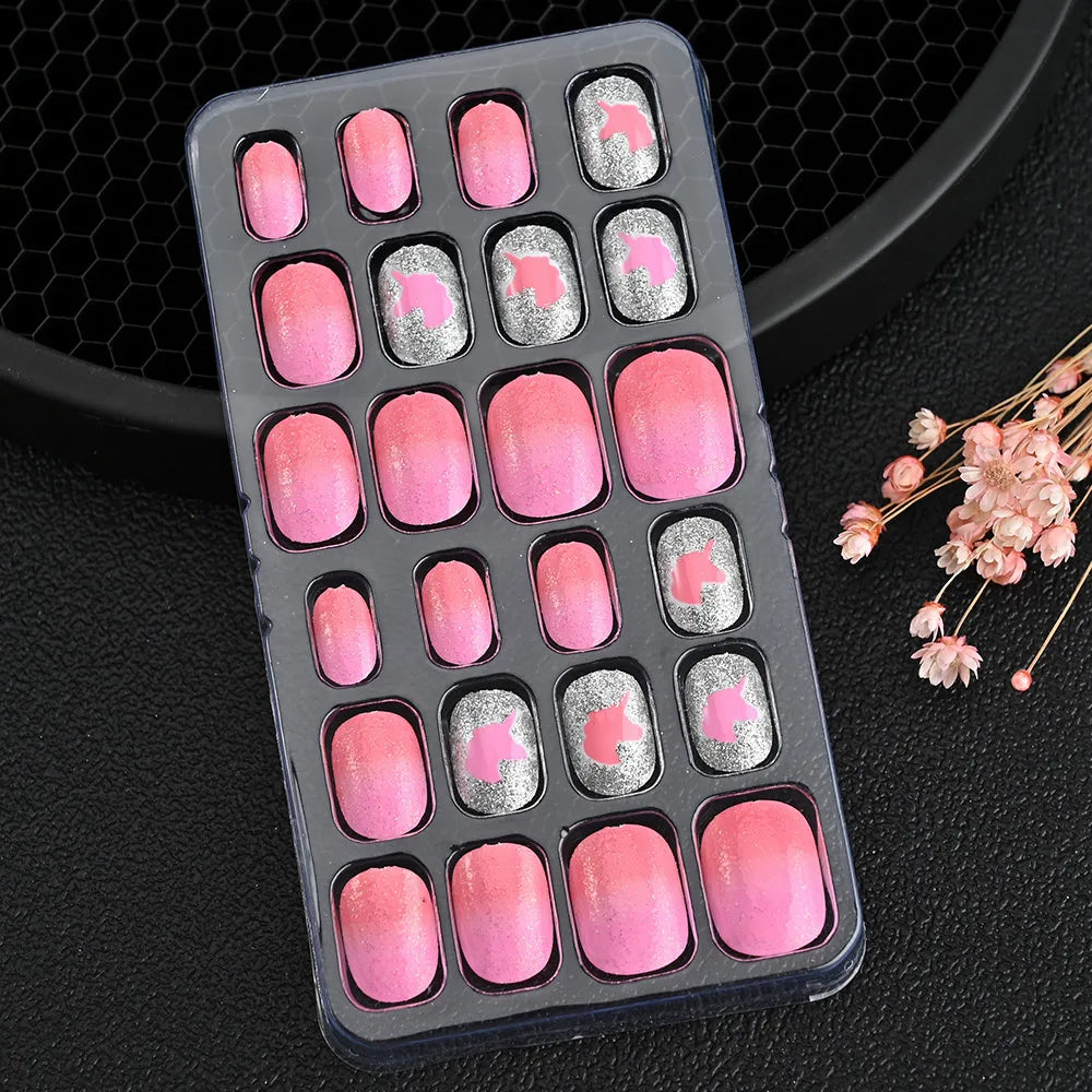 24Pcs/Box Cartoon Heart Bow Rainbow Design Kid Fake Nails Tips Cute False Nail Girls Press on Nails Full Cover Short Fingernails