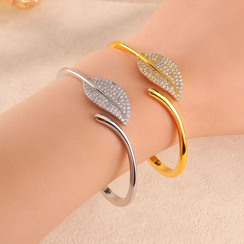 ZAKOL Buling Micro Inlaid Zircon Leaves Open Bracelet Fashion Dubai Gold and Silver Color Bridal Jewelry for Women Wedding Acces