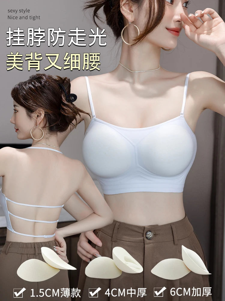 MOYISU Backless Halter Bra with Pads Cross Straps for Small Boobs, Volumizing Push Up Bralette, Strapless Plunge Dress Underwear