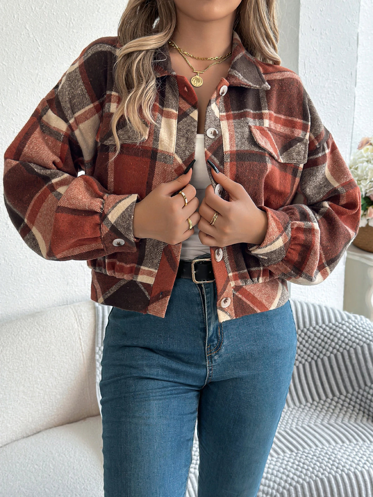 Autumn Winter Casual Plaid Cropped Jacket Lapel Lantern Long Sleeve Single Breasted Woolen Jacket 2026 Fashion Women Clothes
