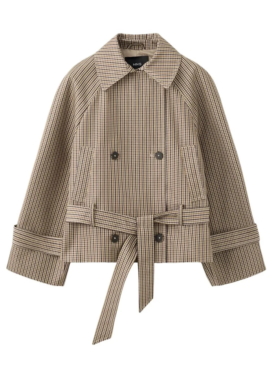 Vintage Plaid Cropped Trench Jacket Women Casual Lapel Lace-up Double Breasted Belted Loose Coats Lady Autumn WInter Streetwear