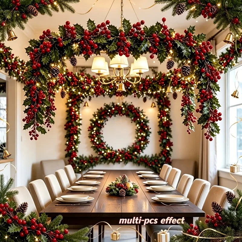 4Pcs 100cm Artificial Holly Berry Garland, Bendable Green Holly Leaf Red Berry Vine, Christmas Mantel Arch Stair Hanging Rattan