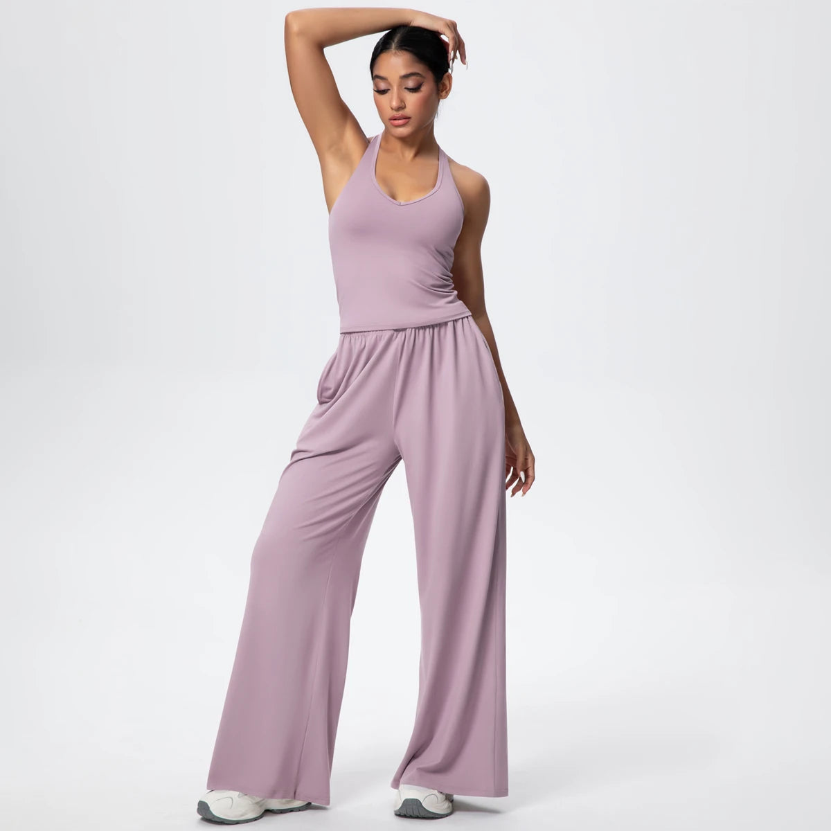 Breathable Loose Wide Leg Pants and Yoga Vest Set Solid Color High Stretch Pockets Pants Beautiful Back T-shaped Vest Yoga Suit