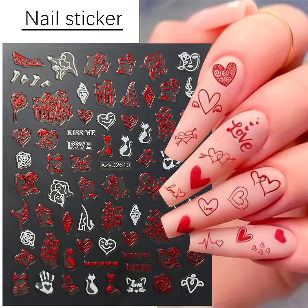 1Pc 3D Red Love Heart Nail Art Stickers Rose Flower Lip Self Adhesive Decals Valentine' Day Nail Sliders For Manicure Decoration