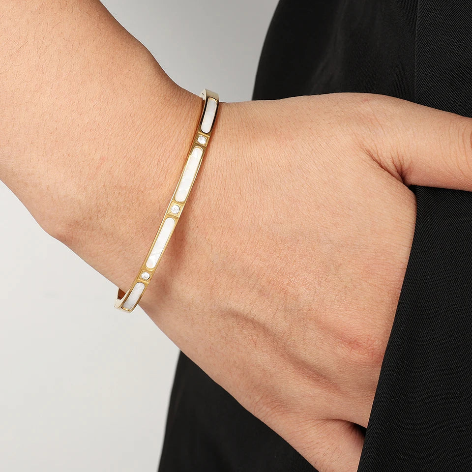 ZAKOL Niche Design White Fritillary Shell Stainless Steel Bracelet for Women Fashion Inlaid Zirconia Daily Bangle Jewelry Gift