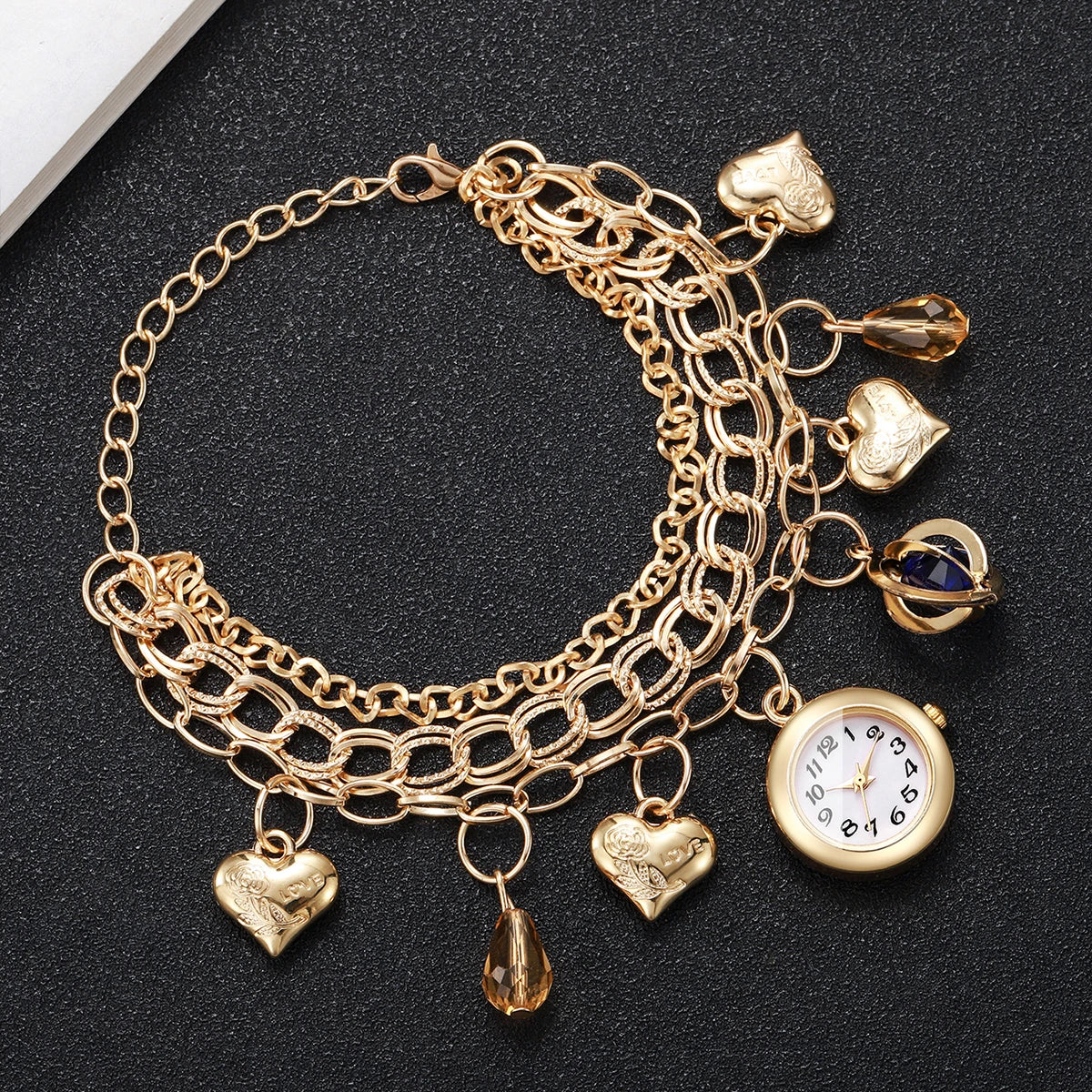 Fashion Women Gold Multi‑Layer Bracelet Watch Love Heart Blue Crystal Charm Quartz Wristwatch Relogio Feminino（Without Box）