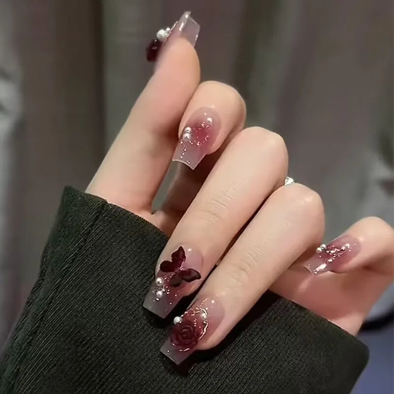 24pcs/box Fake Nail Long Ballet Reusable Acrylic Press On Nails Artificial Nails Full Cover False Nail Tips with Jelly Stickers