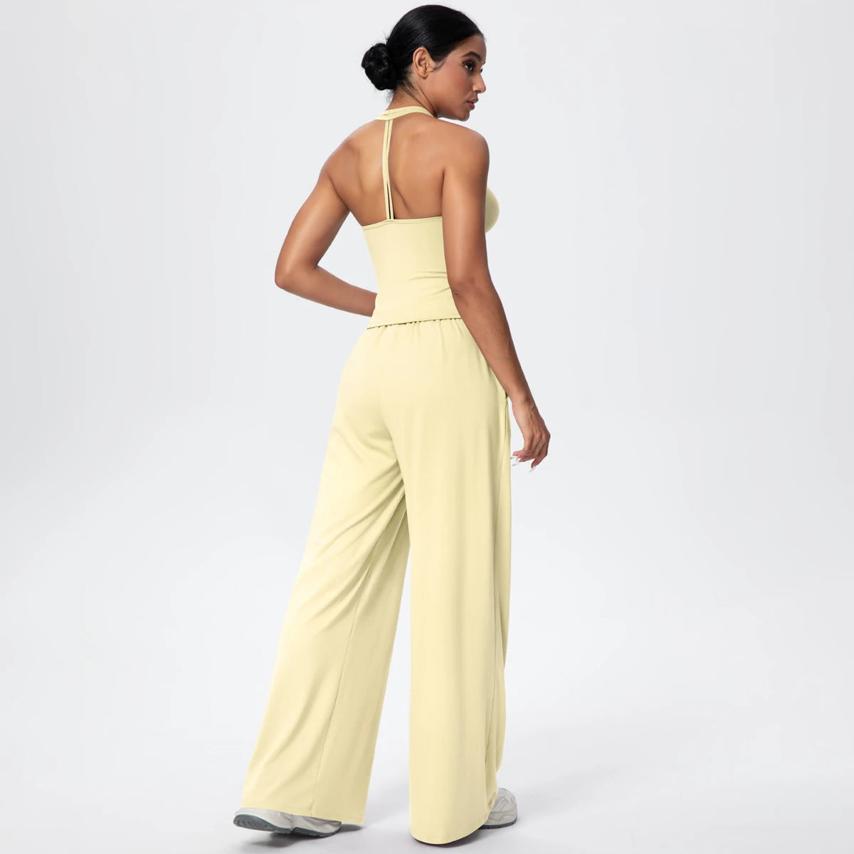 Breathable Loose Wide Leg Pants and Yoga Vest Set Solid Color High Stretch Pockets Pants Beautiful Back T-shaped Vest Yoga Suit