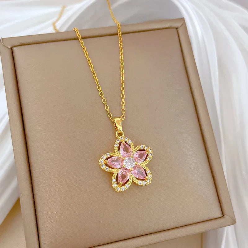 ZAKOL Stainless Steel Chain Luxury Sweet Pink Crystal Flower Necklace Stud Earrings Jewelry Set Accessories Gifts for Women