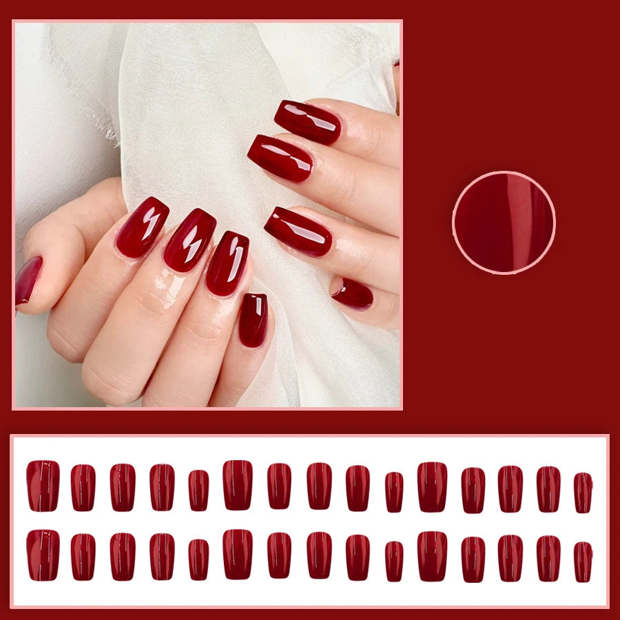 24/30pcs Medium fake nails for women girls Wine Red High Saturation almond square ballet shaped Valentine'S Day press on nails