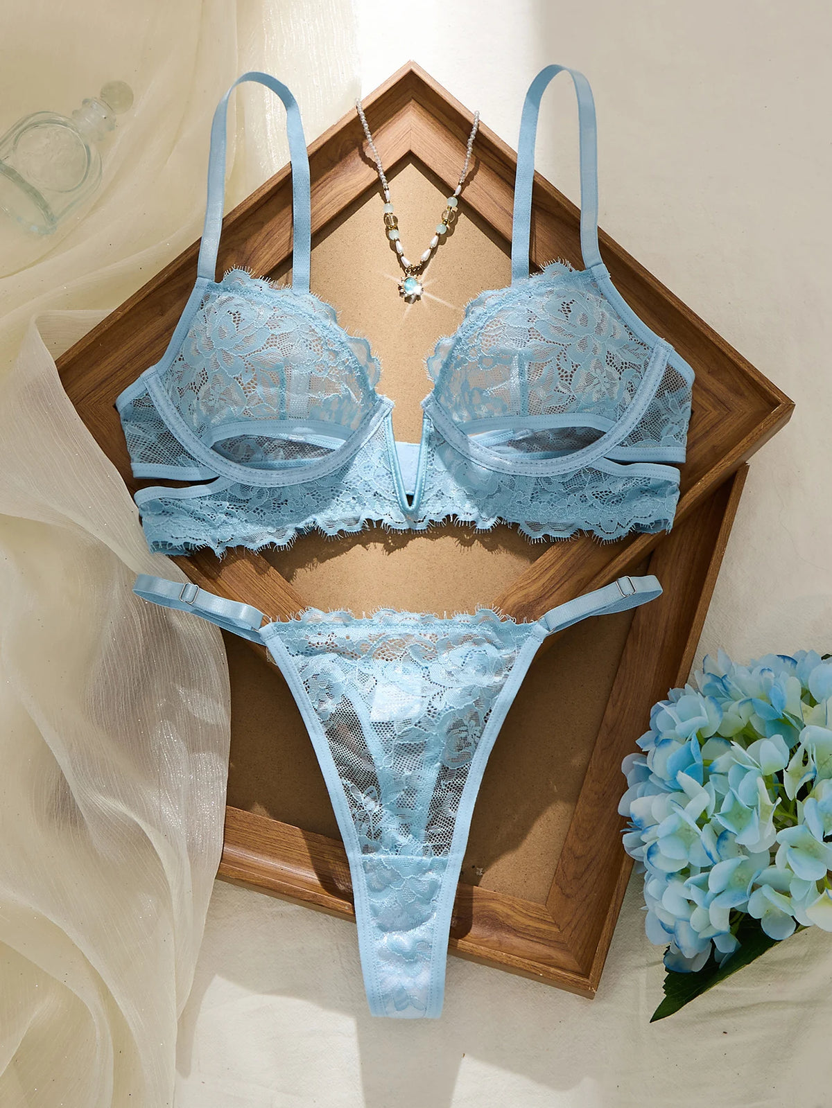 Women's Light Blue Sheer Lace Bra and Thong Panty Set – Sexy See-Through Mesh Lingerie 2-Piece with Adjustable Straps