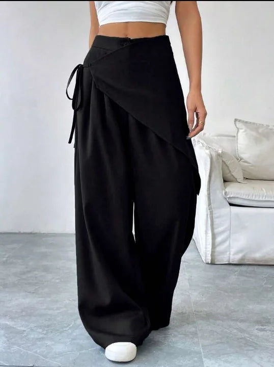 Elegant Irregular Suit Pants for Women High Waist Loose Wide Leg Pants Asymmetrical Lace Up Trousers Elastic Waist Casual Pants