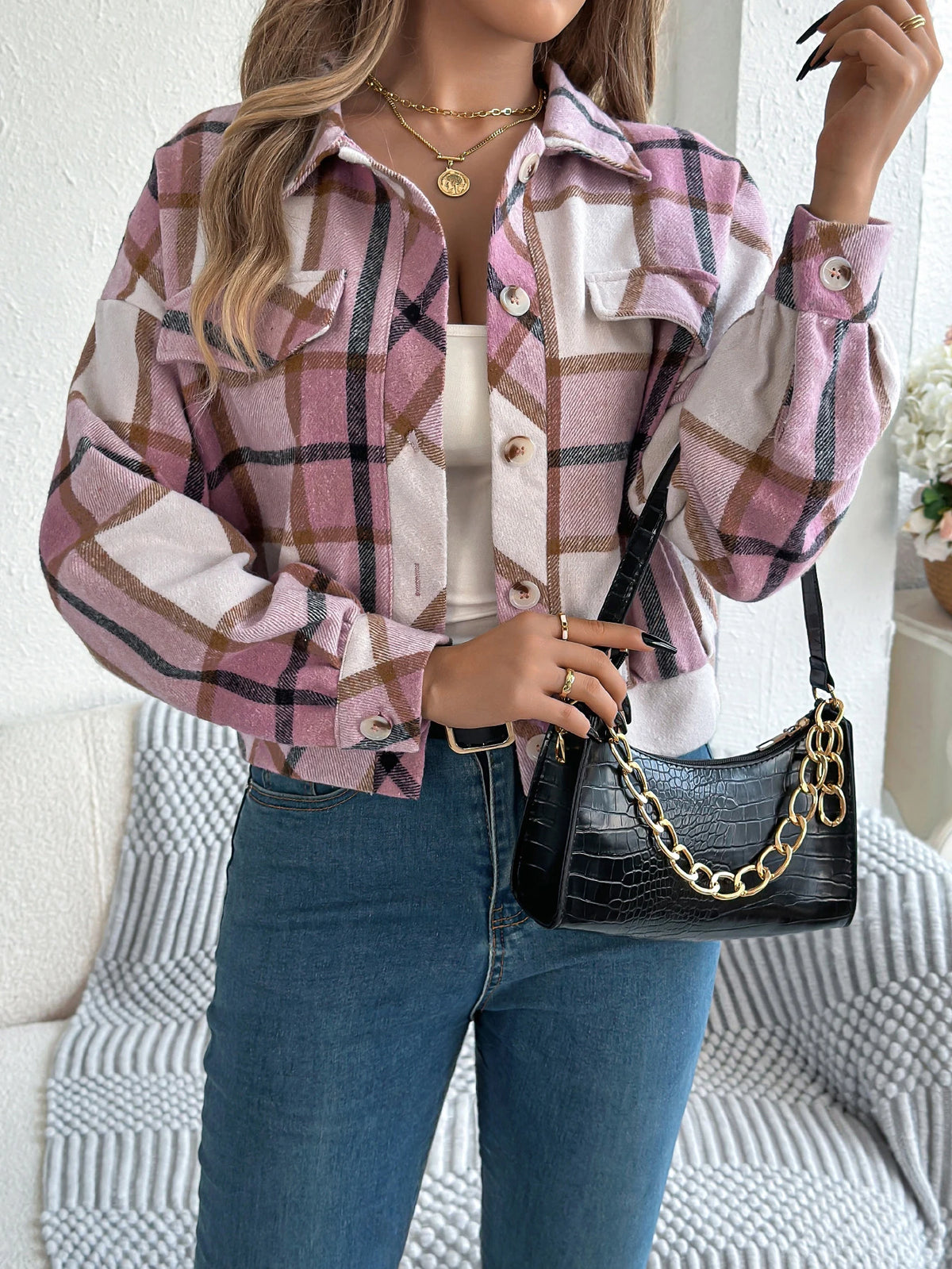 Autumn Winter Casual Plaid Cropped Jacket Lapel Lantern Long Sleeve Single Breasted Woolen Jacket 2026 Fashion Women Clothes