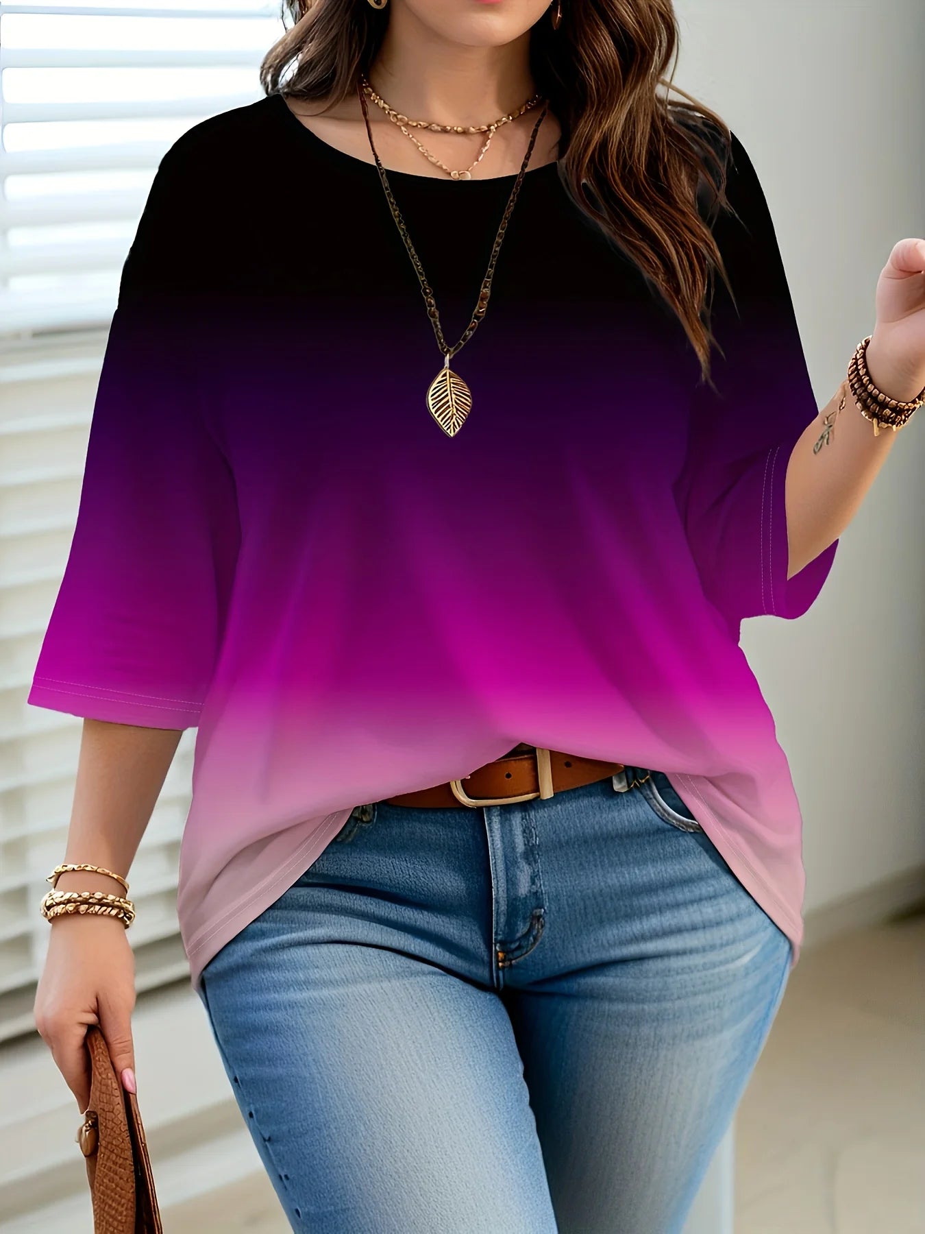 Plus Size Gradient Color T-Shirt – Casual Elegant Top